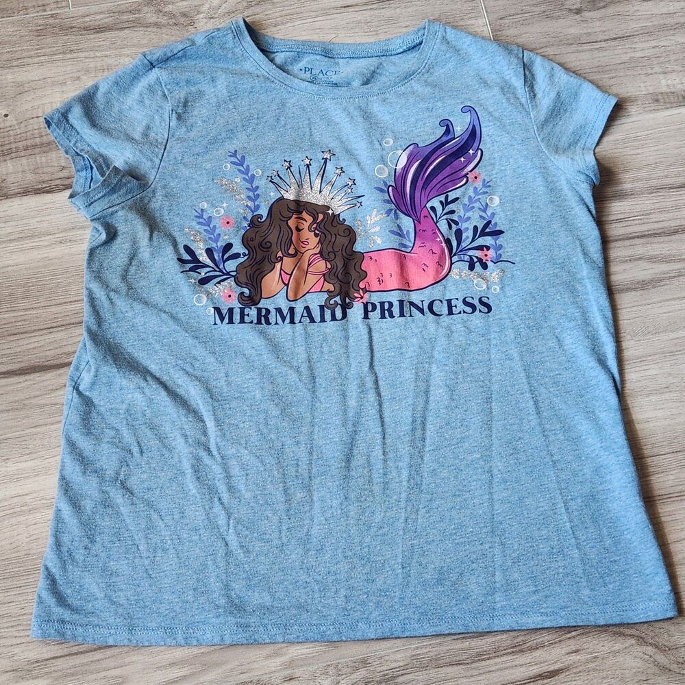 The Children's Place Mermaid Princess Graphic Tee Girls XL 14 Blue Glitter Shirt